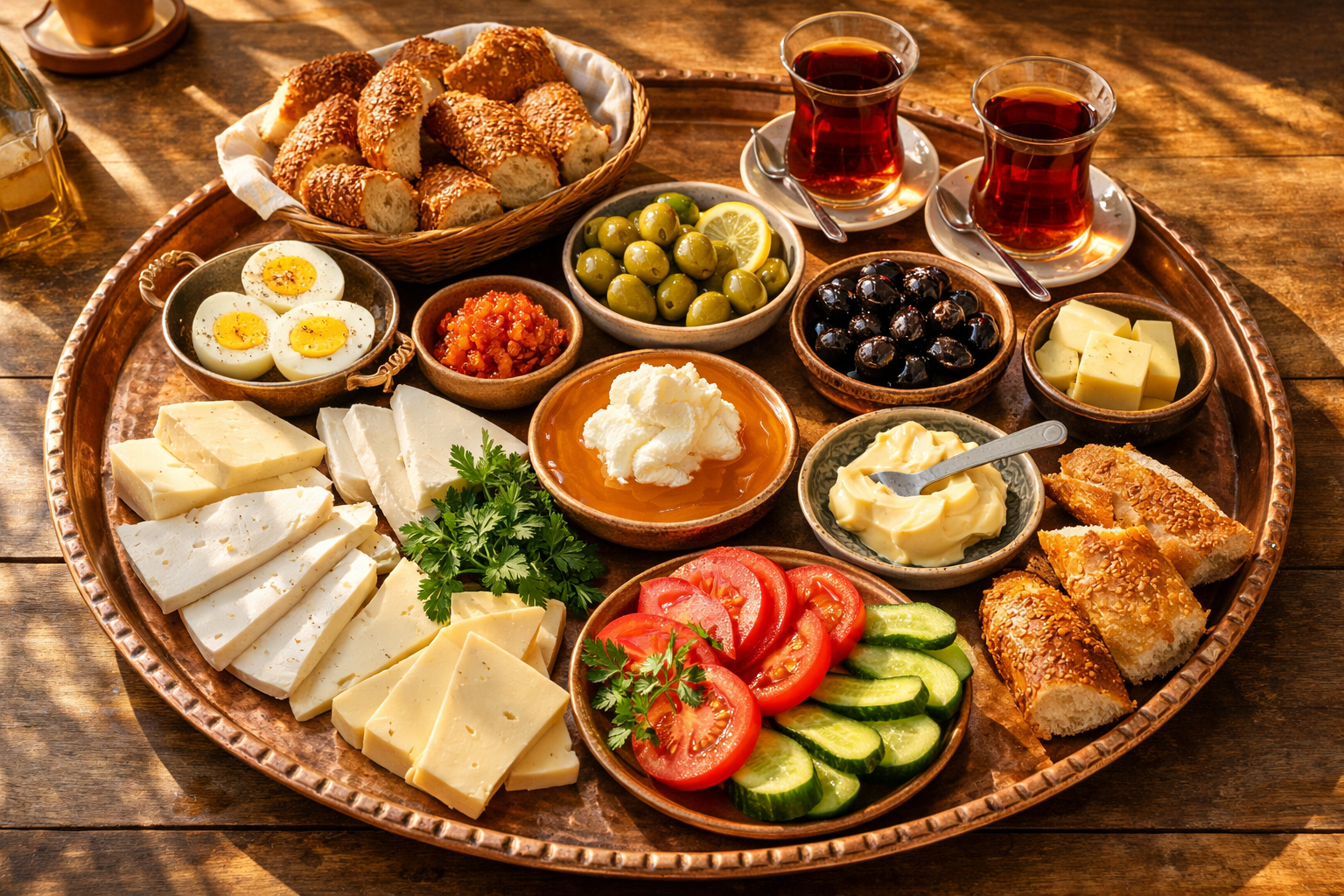 Geleneksel Türk kahvaltı sofrası — çeşitli peynirler, zeytin, domates ve taze ekmek